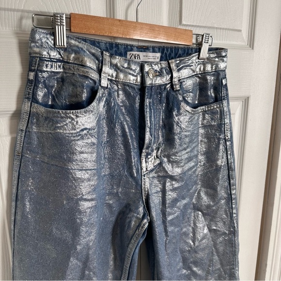 Zara Z1975 MID RISE STRAIGHT CUT METALLIC FOIL JEANS Blue Silver NWOT Size 4 - Picture 3 of 10